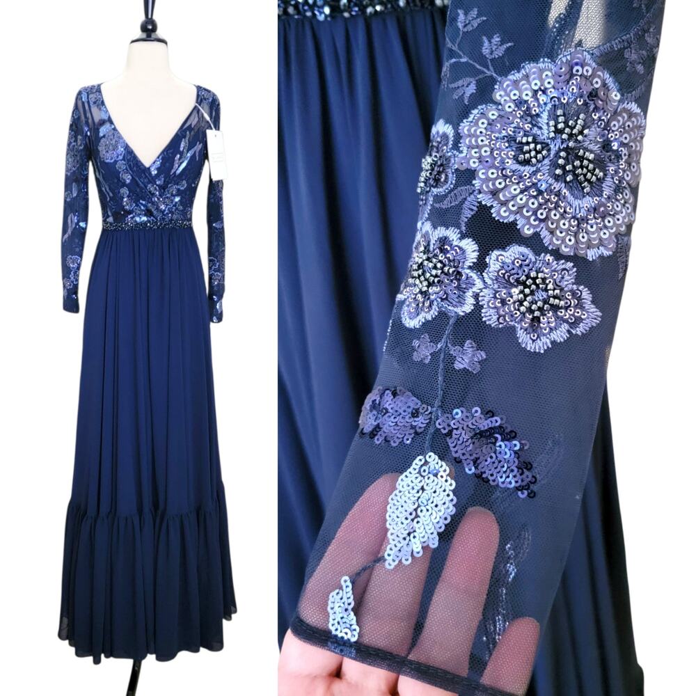 Mac Duggal 67881 Navy Blue Beaded Floral Chiffon Formal Gown Long Sleeve Dress 2